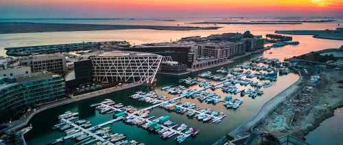 Sunset over Al Marasy Marina in Abu Dhabi, UAE