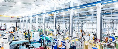 Factory interior and futuristic machines