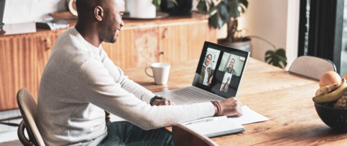 Video call, teamwork or laptop meeting webinar for planning, startup innovation or marketing KPI review at home. Tech, leadership or business people or networking SEO app strategy or collaboration